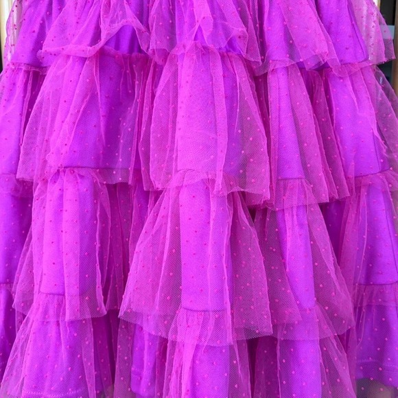 LULUS Dramatic Poise Hot Pink Dot Tulle Puff Sleeve Tiered Mini Dress XXS - Picture 10 of 16